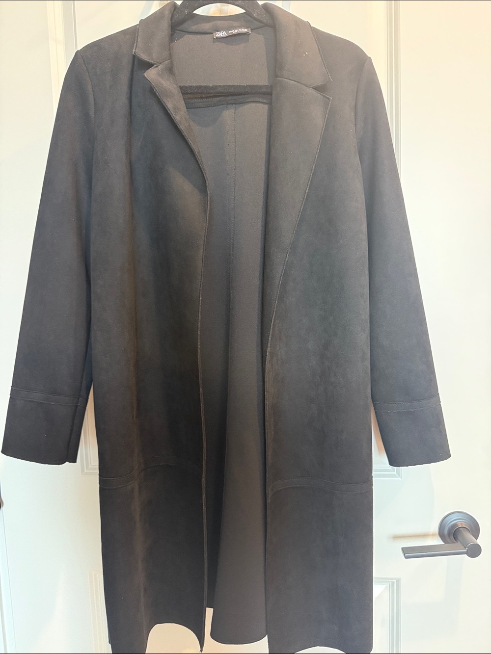 Zara Black Long Open-Front Suede Coat